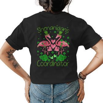 Shenanigans Coordinator Teacher Flamingo St Patricks Day Womens Back Print T-shirt | Mazezy