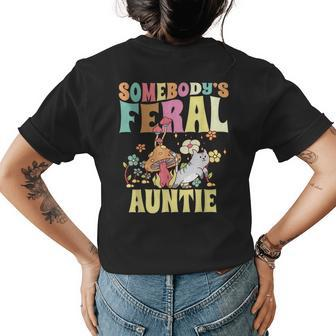 Somebodys Feral Auntie Wild Aunt Groovy Mushroom Floral Cat Womens Back Print T-shirt | Mazezy