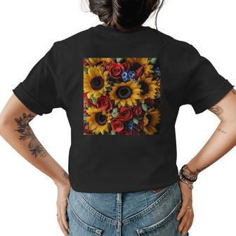 Sunflower And Rose Red Yellow Floral Pattern Womens Back Print T-shirt | Mazezy