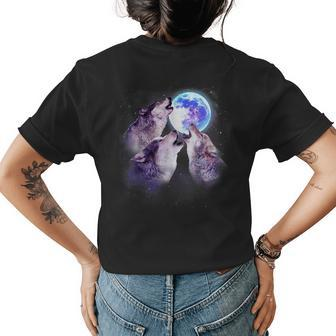 Three Grey Wolf Howling At The Moon 3 Wolves Space Galaxy Womens Back Print T-shirt | Mazezy