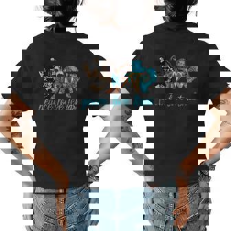 Turquoise Cowboy Boots Bull Skull Pease Love Texas Cowgirl Womens Back Print T-shirt | Mazezy