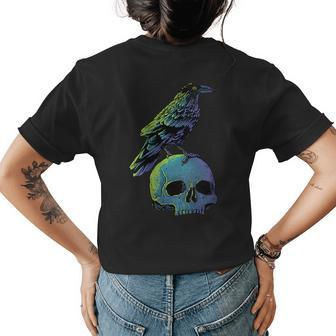 Vintage Crow Skull Spooky Raven Gothic Halloween Apparel Gift For Womens Womens Back Print T-shirt | Mazezy