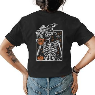 Vintage Halloween Skeleton Drinking Coffee Smiling Skull Drinking Funny Designs Funny Gifts Womens Back Print T-shirt | Mazezy