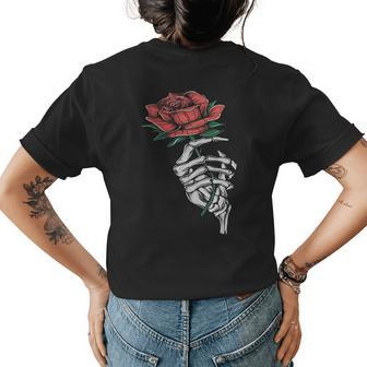 Vintage Halloween Skeleton Hand With A Rose Flower Halloween Funny Gifts Womens Back Print T-shirt | Mazezy