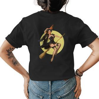 Vintage Pinup Witch On Witches Broom Halloween Pin Up Girl Gift For Womens Womens Back Print T-shirt | Mazezy