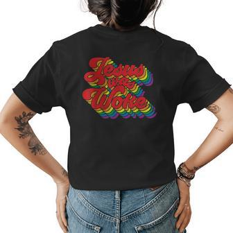 Vintage Retro Christian Ally Pride Rainbow Jesus Was Woke Womens Back Print T-shirt - Seseable