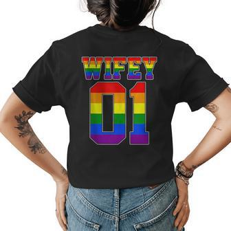 Wife 1 Wife 2 Lgbt Pride Month Lesbian Gay Couple Wedding Womens Back Print T-shirt | Mazezy