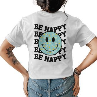 80S Groovy With Be Happy Smile Face & Daisy Flower Print Womens Back Print T-shirt | Mazezy