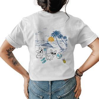 Corgi Dog Beach View With Palm Trees And Sailboats Womens Back Print T-shirt | Mazezy