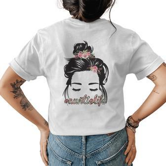 Curly Hair Messy Bun Flowers Auntie Life Womens Back Print T-shirt | Mazezy