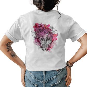 Flowers Skull Roses Floral Sugar Skulls Cute Cutesy Womens Back Print T-shirt | Mazezy
