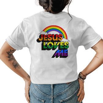 Jesus Loves Me Gay Rainbow Funny Cute Christian Lgbtq Pride Womens Back Print T-shirt | Mazezy
