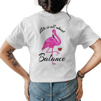 Life Is All About Balance Cute Pink Flamingo Red Wine Women Womens Back Print T-shirt | Mazezy