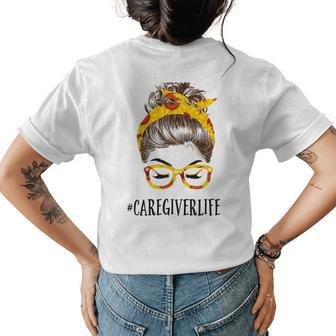 Messy Hair Bun Caregiver Sunflowers Headband Mothers Day Womens Back Print T-shirt | Mazezy DE