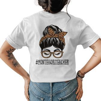 Montessori Teacher Leopard Messy Bun Women Back To School Womens Back Print T-shirt | Mazezy