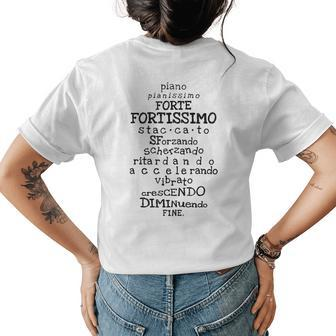 Music Teacher Italian Musical Terms Words List Womens Back Print T-shirt | Mazezy