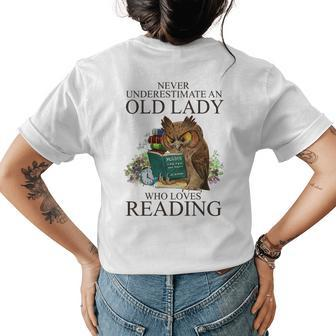Never Underestimate An Old Lady Who Loves Reading Owl Womens Back Print T-shirt - Seseable