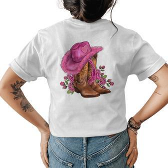 Pink Cowgirl Hat Cowgirl Boots Western Cowhide Rose Flowers Womens Back Print T-shirt | Mazezy