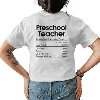 Preschool Teacher Nutrition Facts Teachers Funny Gift Womens Back Print T-shirt | Mazezy