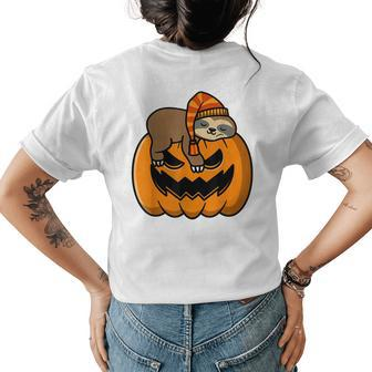 Pumpkin With Sloth Happy Halloween Fall Themed Costume Happy Halloween Womens T-shirt Back Print | Mazezy