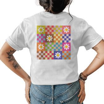 Retro Colorful Checkered Pattern Checkerboard Daisy Flowers Womens Back Print T-shirt | Mazezy