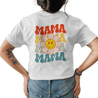 Retro Groovy Happy Face Mama Daisy Flower Smile Face Trendy Womens Back Print T-shirt | Mazezy