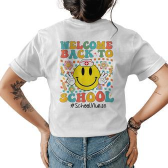 Retro Groovy Welcome Back To School Shool Nurse Smile Face Womens Back Print T-shirt - Seseable