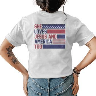 Retro She Loves Jesus And America Too 4Th Of July Usa Flag Usa Funny Gifts Womens Back Print T-shirt | Mazezy