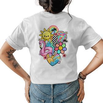 Retro Summer Vibes Sunshine Rainbow Flamingo Beach Life Womens Back Print T-shirt | Mazezy