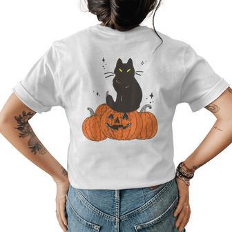 Thanksgiving Halloween Fall Spooky Cat With Pumpkin Halloween Womens T-shirt Back Print | Mazezy