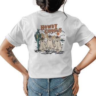 Western Howdy Ghouls Pumpkin Cowboy Cowgirl Halloween Womens Back Print T-shirt | Mazezy