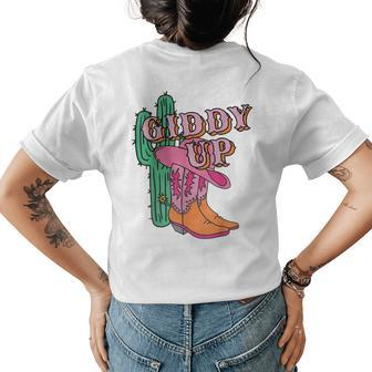 Western Texas Giddy Up Cowgirl Cowboy Boots Cactus Womens Back Print T-shirt | Mazezy