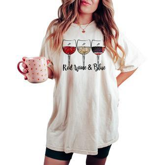 4Th Of July Red White Blue Wine Fourth Of July Usa Flag Women's Oversized Comfort T-shirt | Mazezy
