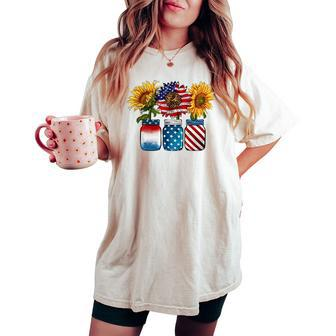 America Sunflower Usa Flag Flower T For American 4Th Of July Women's Oversized Graphic Print Comfort T-shirt - Monsterry AU