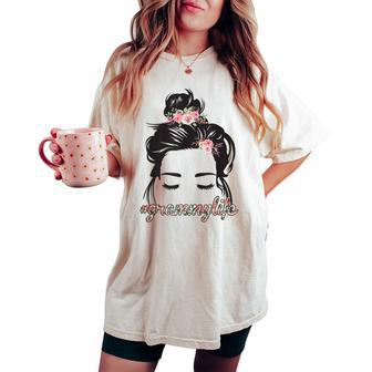 Curly Hair Messy Bun Flowers Grammy Life Women's Oversized Comfort T-shirt | Mazezy