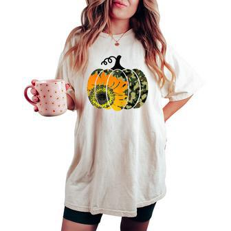 Cute Thanksgiving For Wife Pumpkin Camouflage Sunflower Women's Oversized Comfort T-shirt | Mazezy
