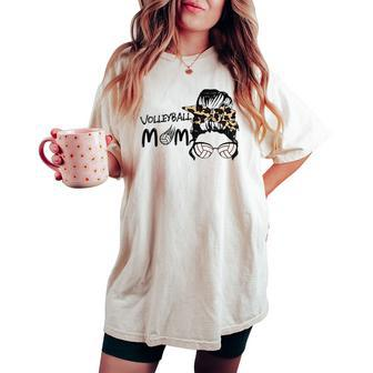 Cute Volleyball Mom Leopard Print Messy Bun Women's Oversized Comfort T-shirt | Mazezy