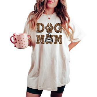 Dog Mom Leopard Messy Bun Dogs Lover Women's Oversized Comfort T-shirt | Mazezy