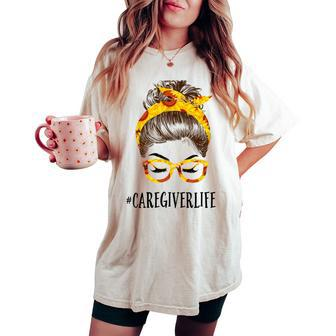 Messy Hair Bun Caregiver Sunflowers Headband Women's Oversized Comfort T-shirt | Mazezy CA