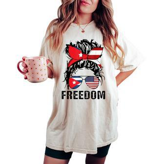 Messy Hair Woman Bun Freedom Cuba Flag Usa Flag Women's Oversized Comfort T-shirt | Mazezy