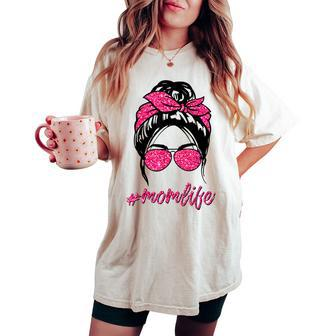 Mom Life Messy Hair Bun Pink Leopard Print Women Women's Oversized Comfort T-shirt | Mazezy