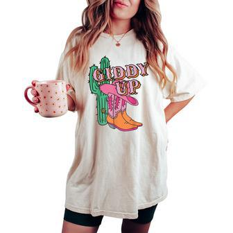 Western Texas Giddy Up Cowgirl Cowboy Boots Cactus Women's Oversized Comfort T-shirt | Mazezy