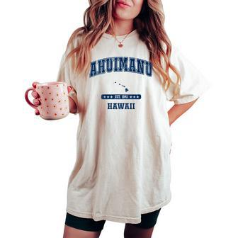 Ahuimanu Hawaii Hi Vintage Athletic Navy Sport Women's Oversized Comfort T-shirt | Mazezy