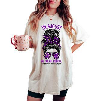 In August We Wear Purple Ribbon Overdose Awareness Messy Bun Women's Oversized Comfort T-shirt - Monsterry UK