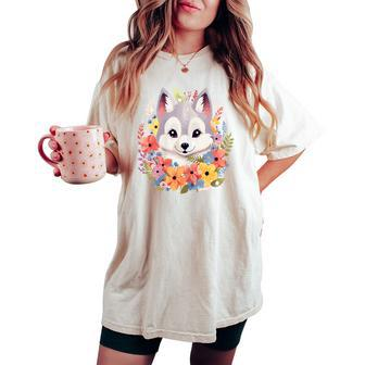 Cute Baby Wolf Animal Wild Fall Flowers In Pastel Colors Women's Oversized Comfort T-shirt | Mazezy
