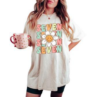 Cute Groovy 7Th Birthday Party Daisy Flower Seven Year Old Women's Oversized Comfort T-shirt - Monsterry AU