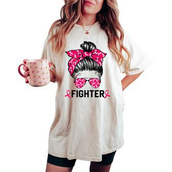Fighter Messy Bun Breast Cancer Awareness Pink Warrior Women's Oversized Comfort T-shirt - Seseable