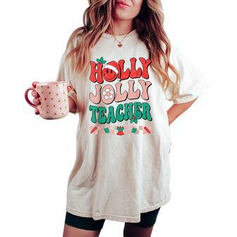 Groovy Retro Holly Xmas Jolly Teacher Christmas Vibes Hippie Women's Oversized Comfort T-shirt - Seseable