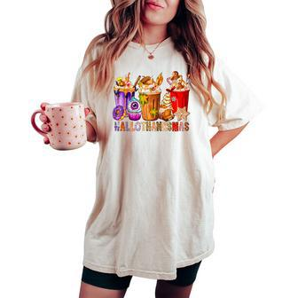 Happy Hallothanksmas Coffee Latte Halloween Thanksgiving Women's Oversized Comfort T-shirt - Monsterry