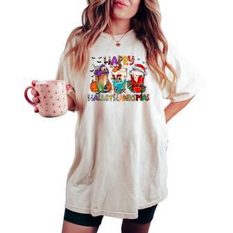 Happy Hallothanksmas Merry Christmas Thanksgiving Halloween Women's Oversized Comfort T-shirt - Seseable